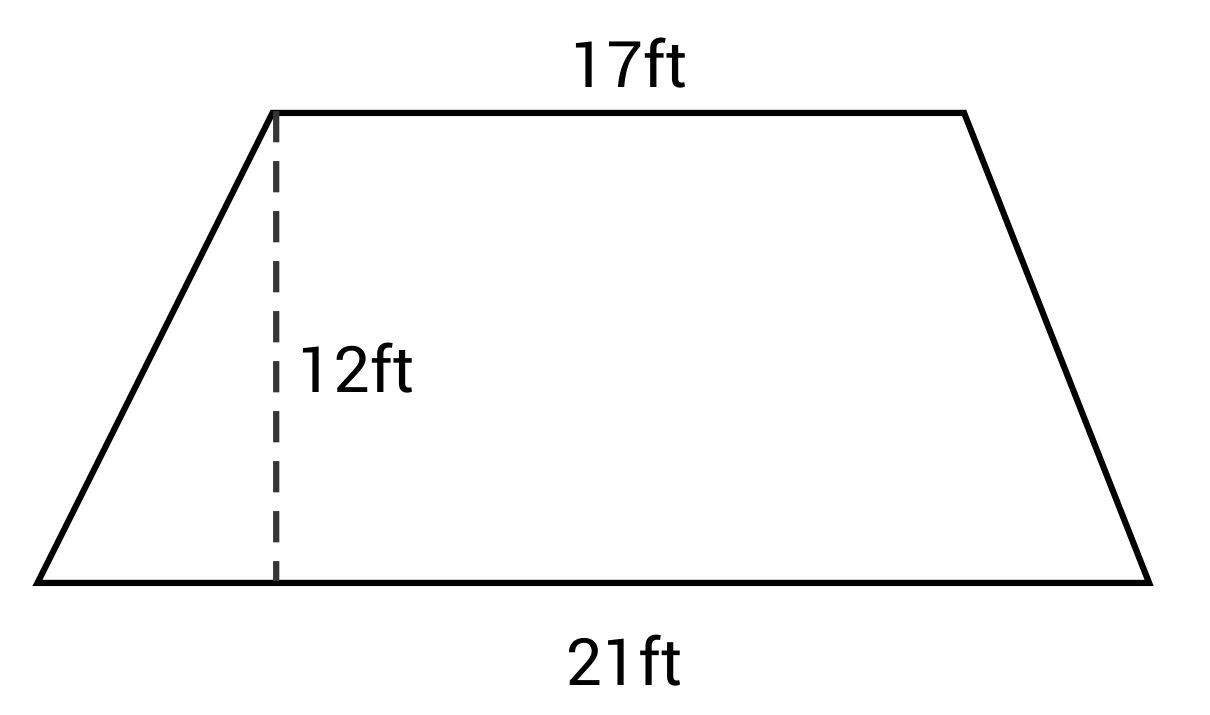 Trapezoid with base lengths of 17ft and 21ft with height of 12ft