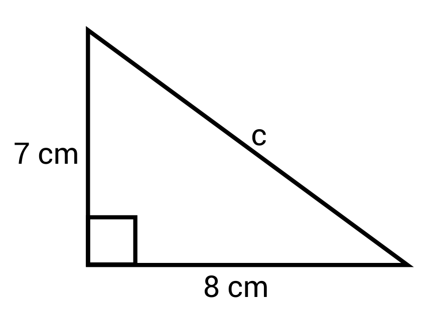 Right triangle with side lengths 7 cm and 8 cm