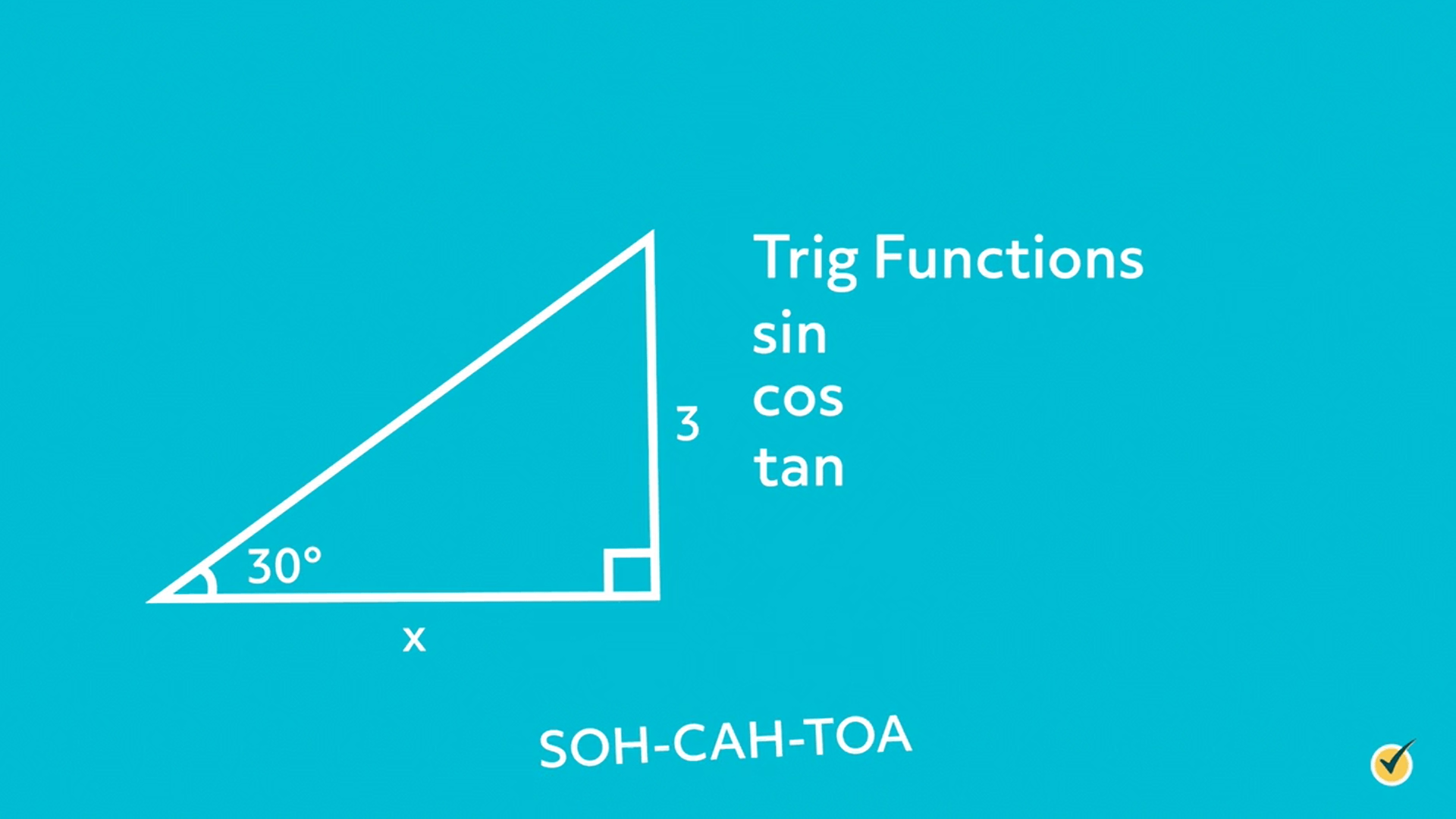 right triangle, bottom left angle 30 degrees, bottom right angle marked with a square, bottom side labeled "x", right side labeled 3, words on the right say "Trig Functions sin cos tan", bottom words say "SOH-CAH-TOA"