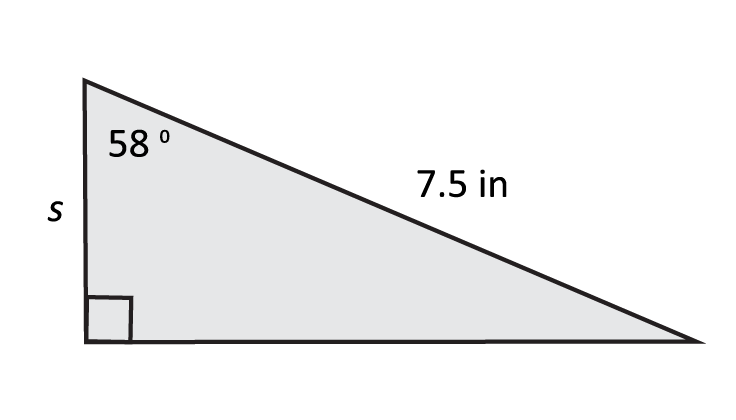 right triangle, left side s, right side hypotenuse 7.5 in, left bottom angle marked with a square, top left angle 58 degrees