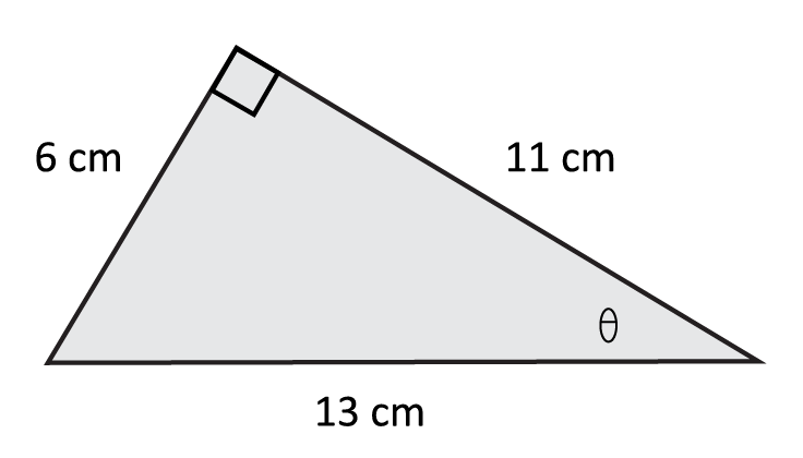 right triangle, left side 6 cm, right side 11 cm, bottom side 13 cm, top angle marked with a square, bottom right angle marked with theta