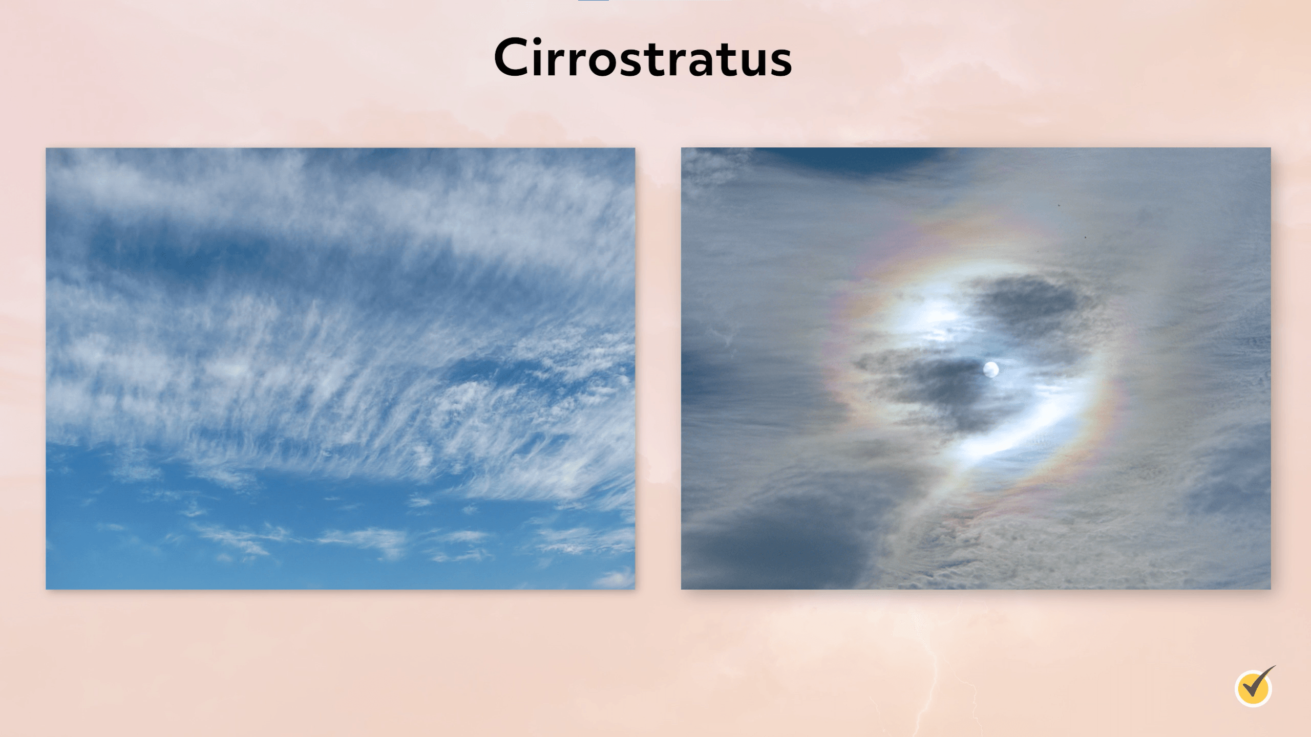 Image of cirrostratus, there is a shimmery ring around the sun.