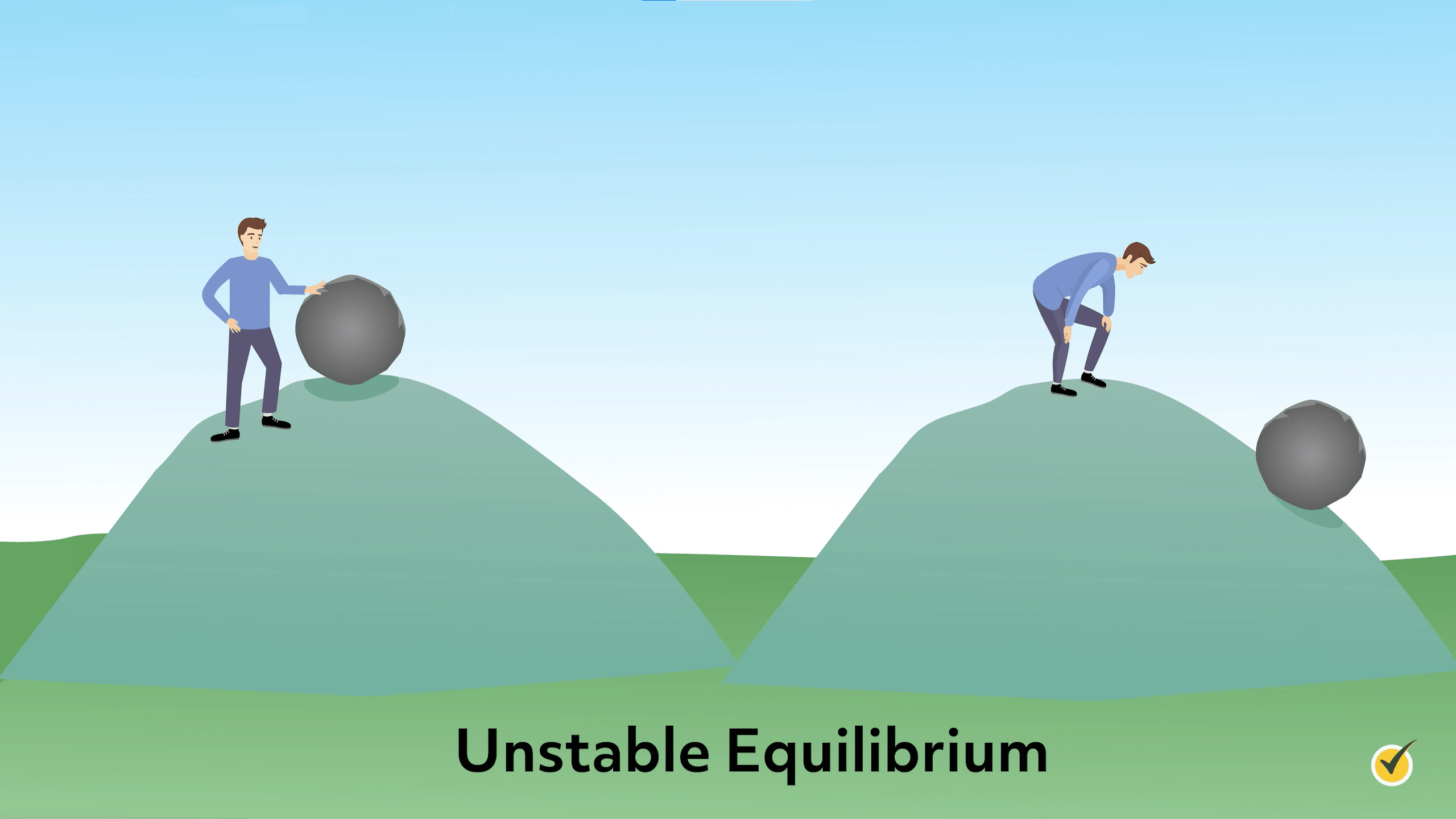 Image of unstable equilibrium. There is a rock on top of a hill, the man pushes, and the rock rolls down the hill.