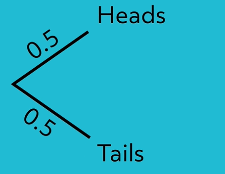 Image of a tree diagram calculating 1 coin flip: heads or tails. The probability for both is 0.5.