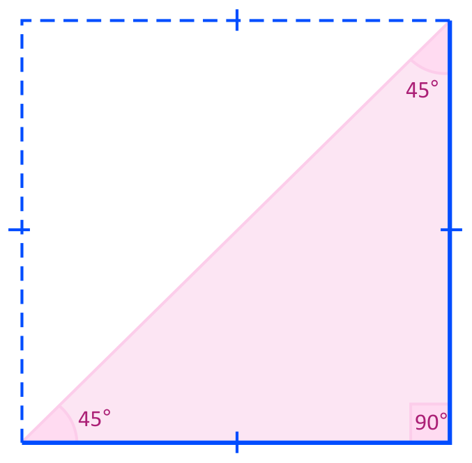 A quadrilateral split in half diagonally to create 2 triangles with angles 45, 45, and 90 degrees