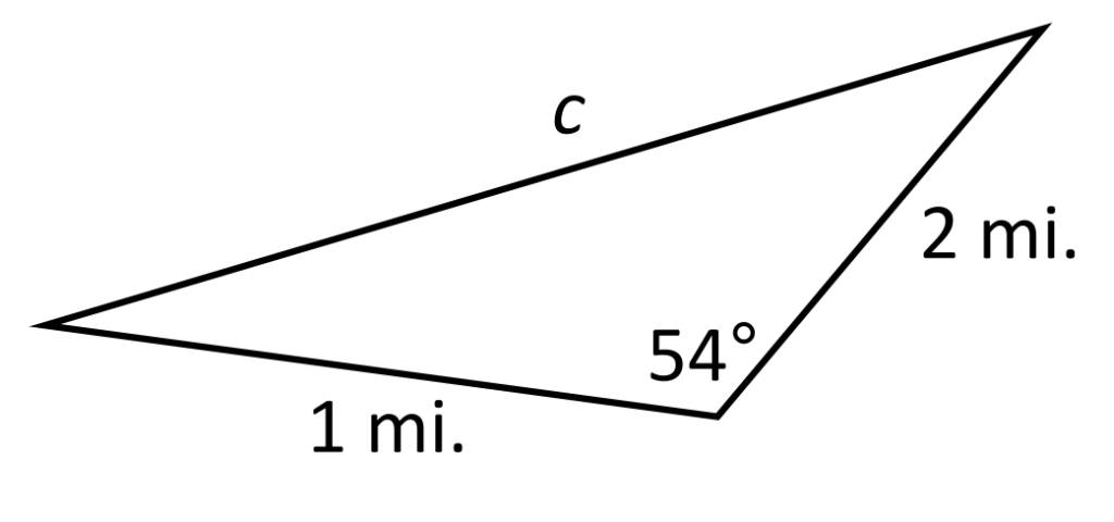 Triangle with side length of 1 and 2 miles with an angle measure of 54 degrees