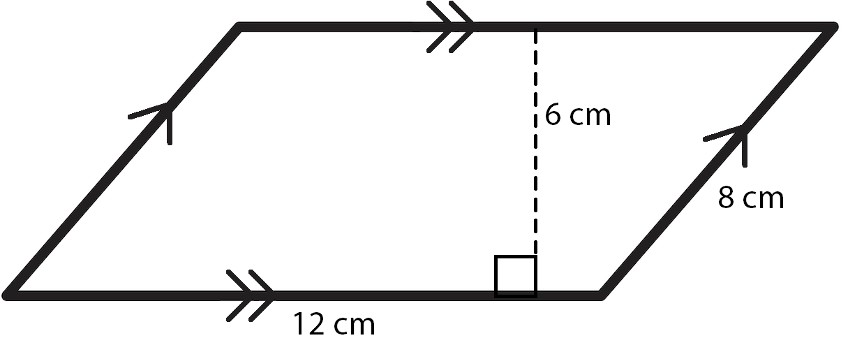 A parallelogram with the right side measured at 8 centimeters and the bottom measured at 6 centimeters. The height is measured at 6 centimeters.
