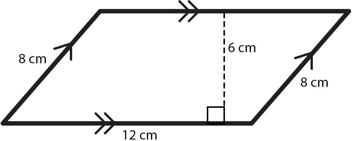 A parallelogram with the left and right sides measured at 8 centimeters and the bottom measured at 6 centimeters. The height is measured at 6 centimeters.