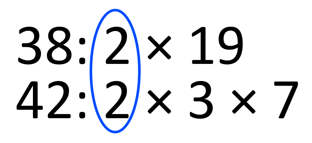 prime factorization of 38 and 42 withth e LCM (2) circled