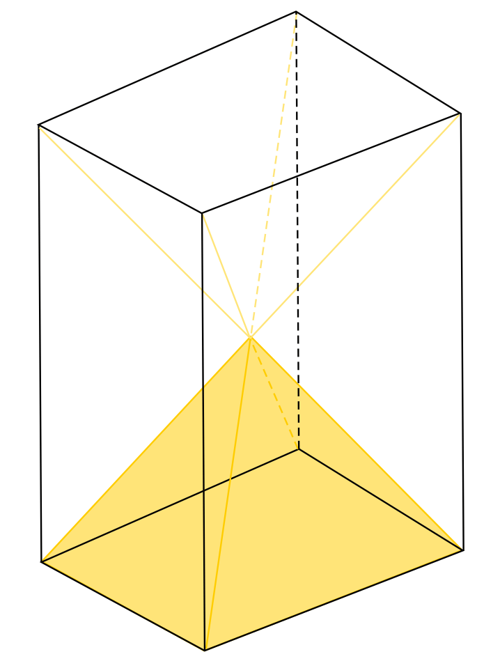 rectangular prism, with two rectangular pyramids stacked inside with one pointing downward and one pointing upward, bottom pyramid is yellow