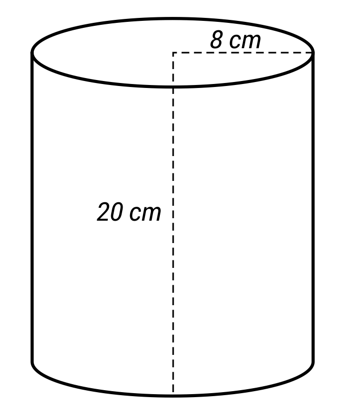 right circular cylinder, height 20 cm, radius 8 cm