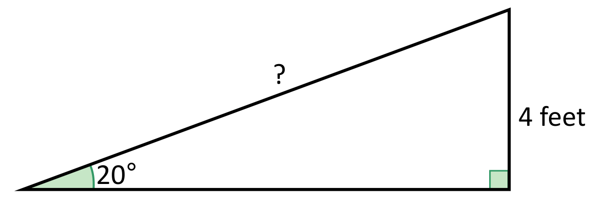 Right triangle with a side length of 4ft and an angle measure of 20 degrees