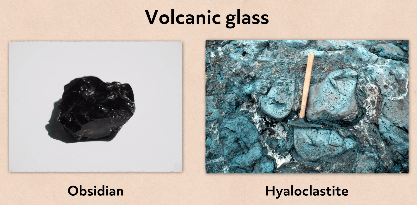 Two rocks are shown and are labeled from left to right as "Obsidian" and "Hyaloclastite"