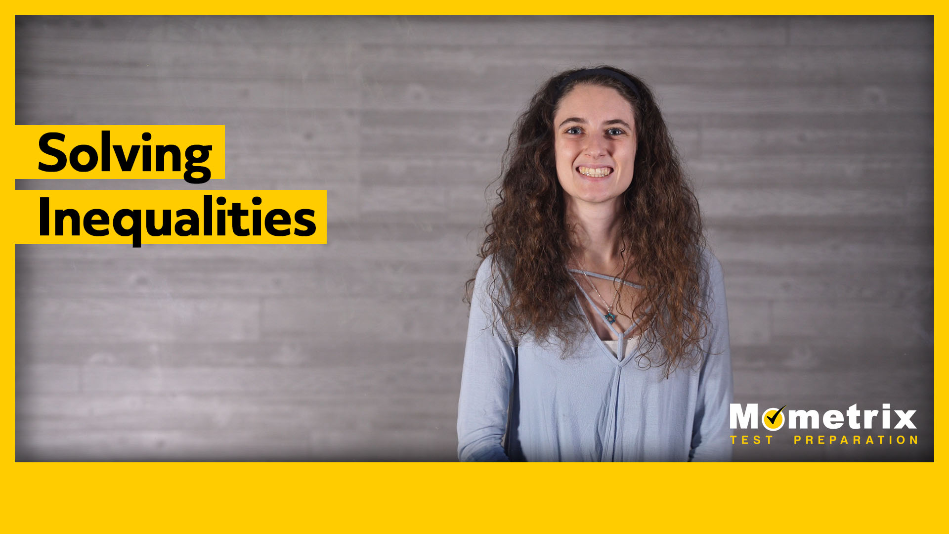 A person with long curly hair stands smiling against a wooden background next to the text "Solving Inequalities" and the Mometrix Test Preparation logo.