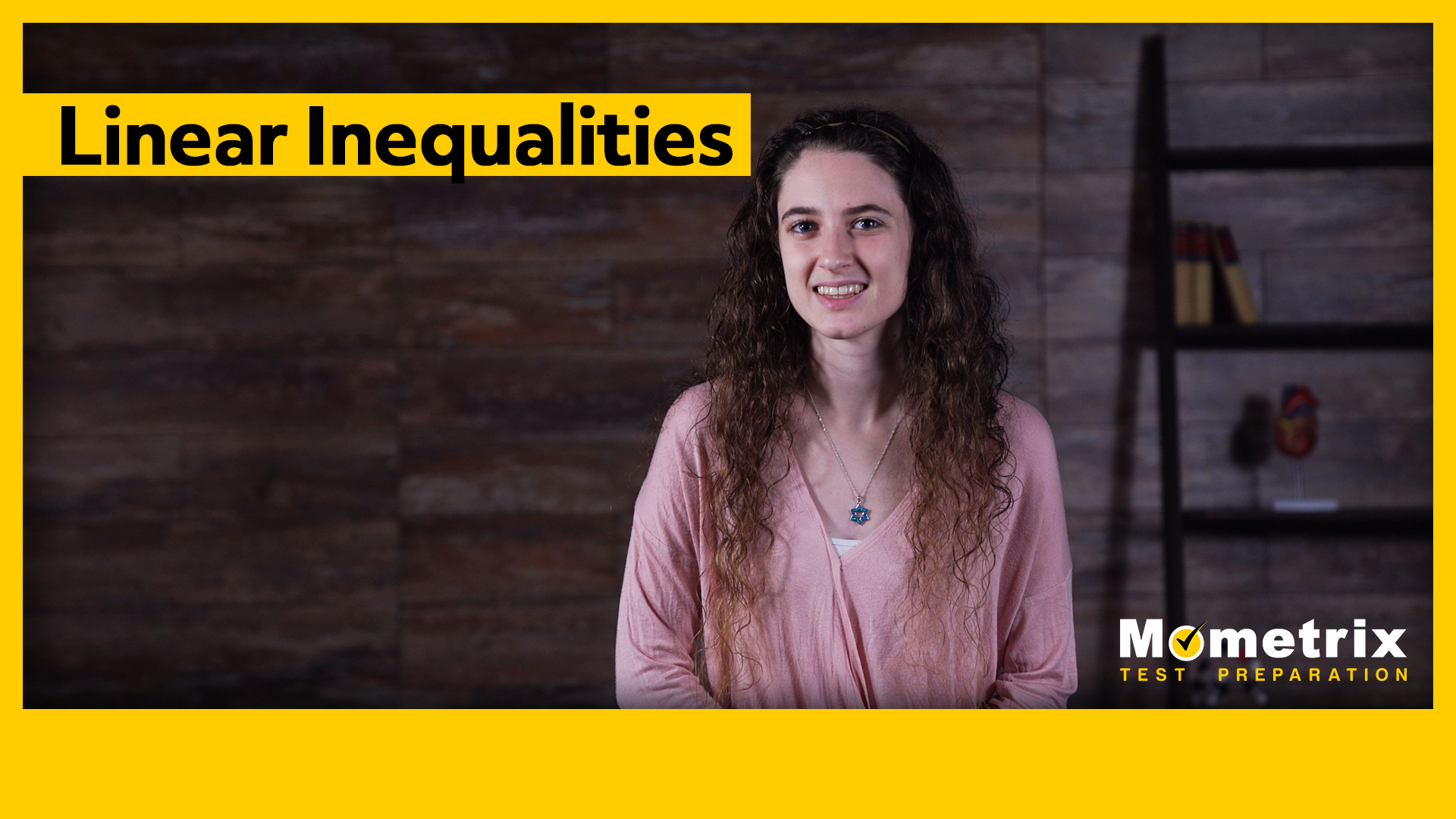 A woman with long curly hair stands in front of a wood-paneled background, smiling, under a yellow banner that reads "Linear Inequalities." The image is branded with "Mometrix Test Preparation" in the corner.