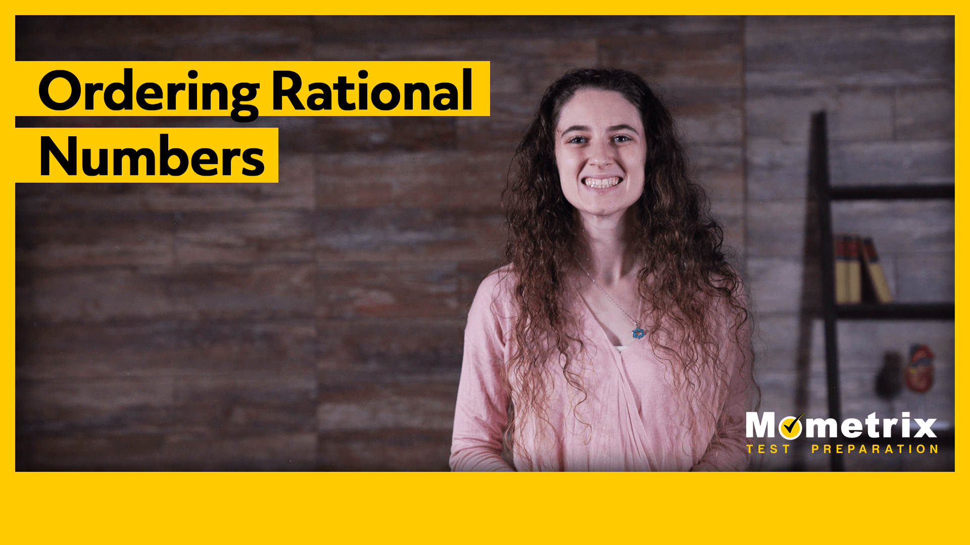 A woman stands smiling with text on the left that says "Ordering Rational Numbers." The bottom right corner has the Mometrix Test Preparation logo.