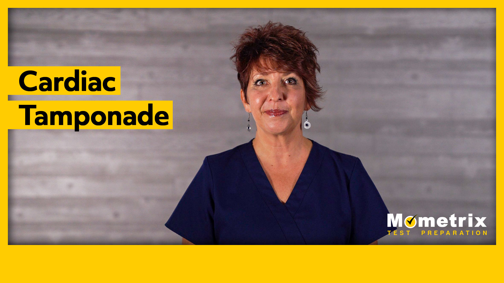 A woman with short hair, wearing navy scrubs, stands against a gray background with the text "Cardiac Tamponade" and "Mometrix Test Preparation" displayed.