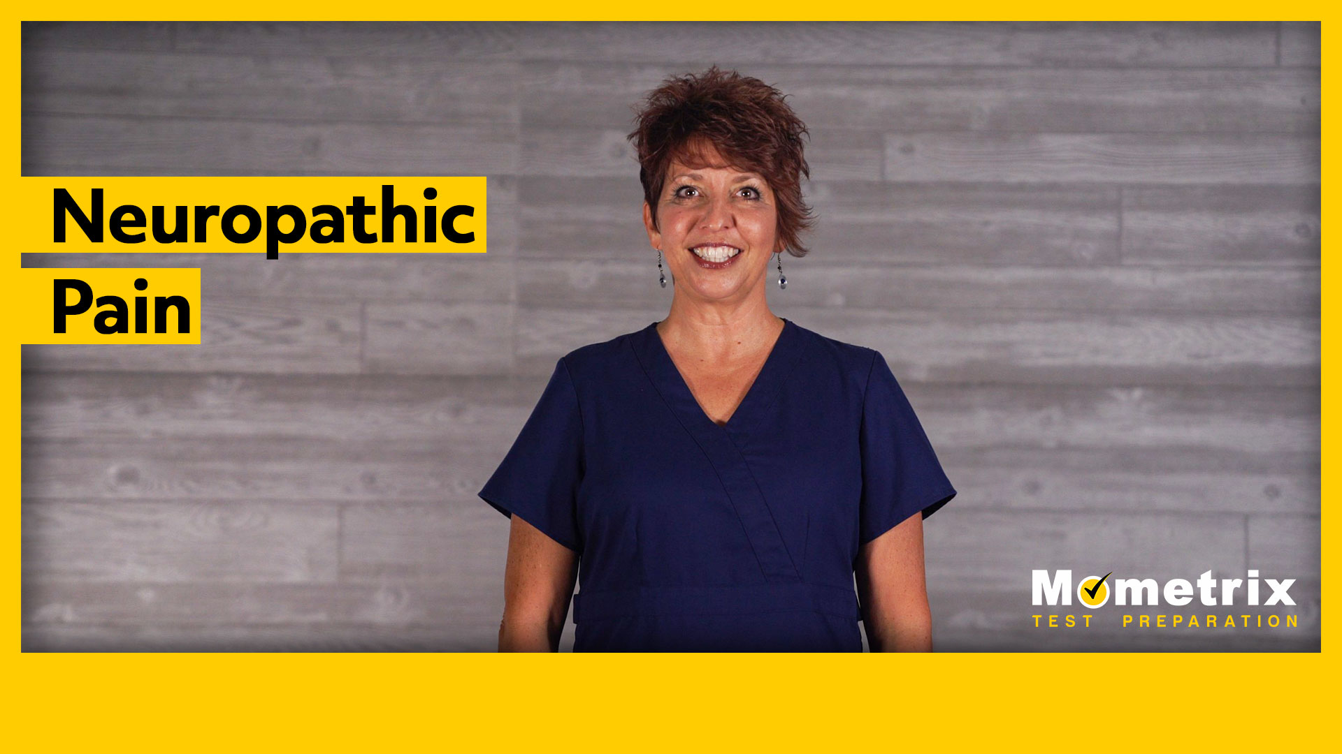 A person in navy blue scrubs stands smiling against a gray wood panel background. The text reads "Neuropathic Pain" on the left and "Mometrix Test Preparation" on the bottom right.