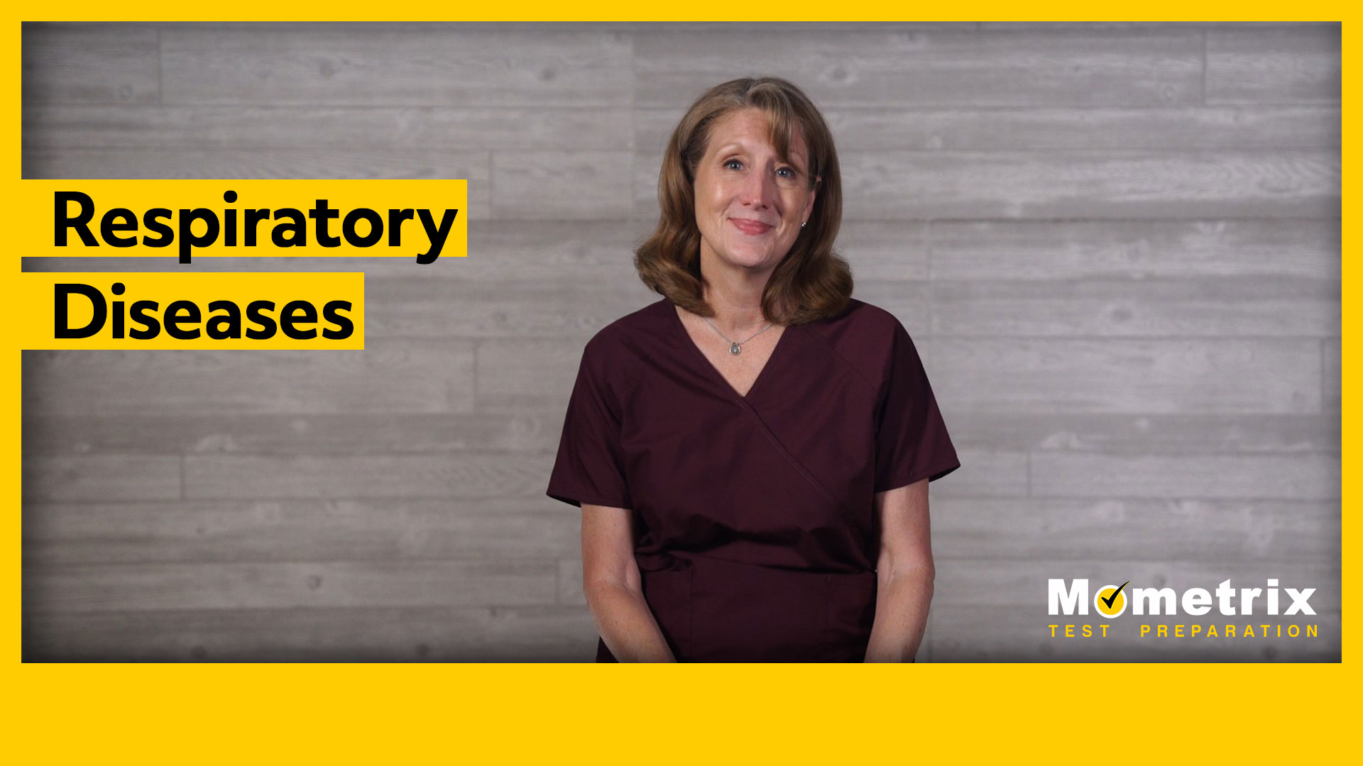 A person wearing a maroon shirt sits in front of a gray wooden background. Yellow overlay text reads "Respiratory Diseases". The bottom right corner features the Mometrix Test Preparation logo.