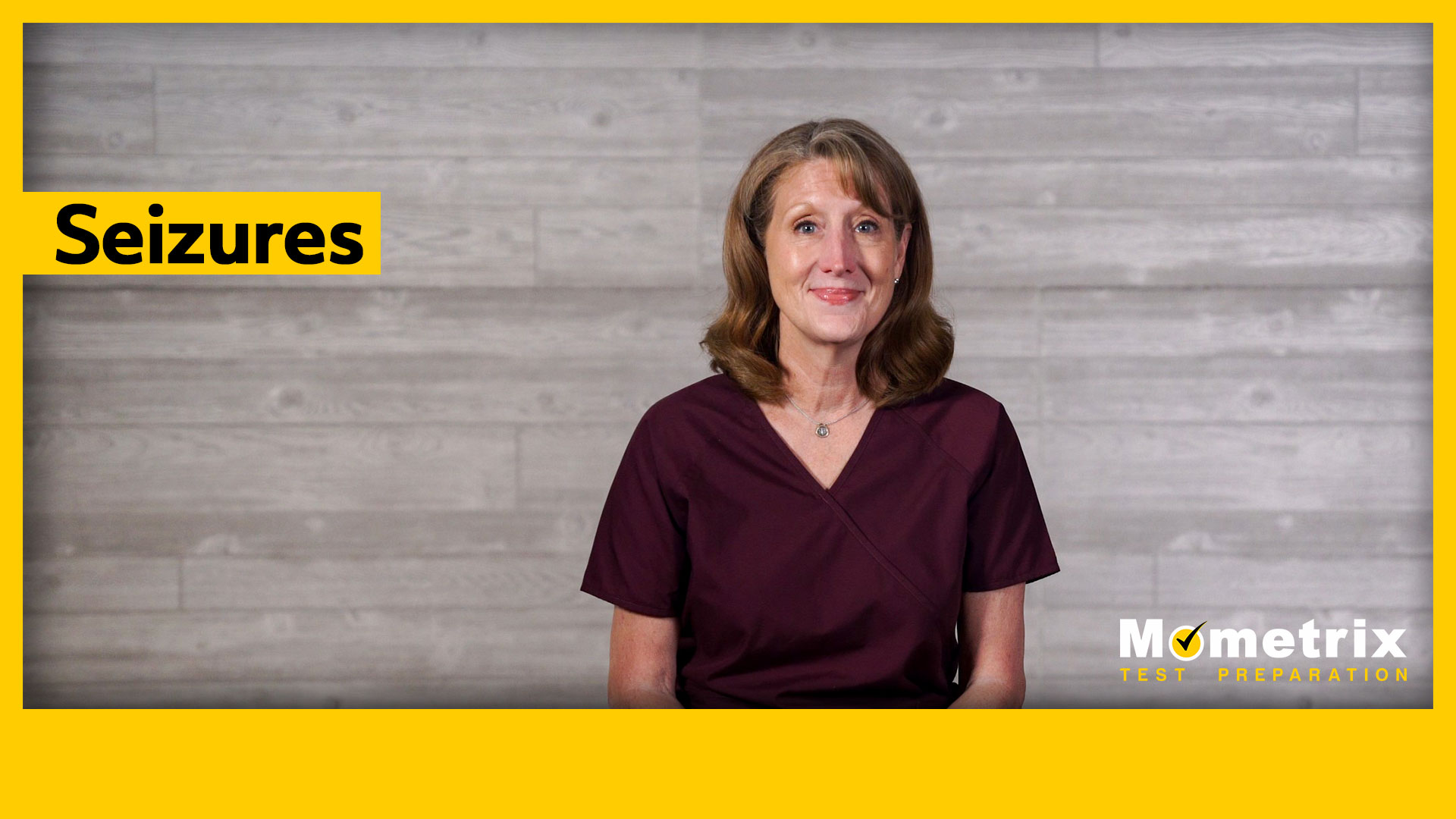 A woman in a maroon top sits against a wooden background with the text "Seizures" next to her and the Mometrix Test Preparation logo in the bottom right corner.