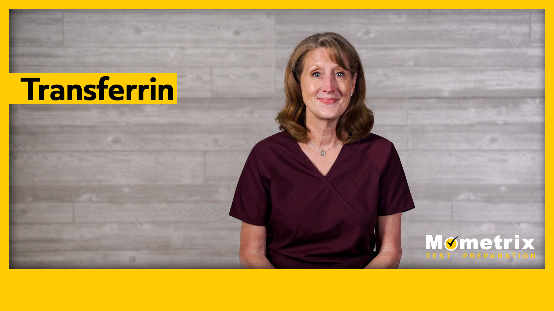 A woman in a burgundy top sits against a gray wooden background. The word "Transferrin" is displayed on the left. The "Mometrix Test Preparation" logo is located at the bottom right.