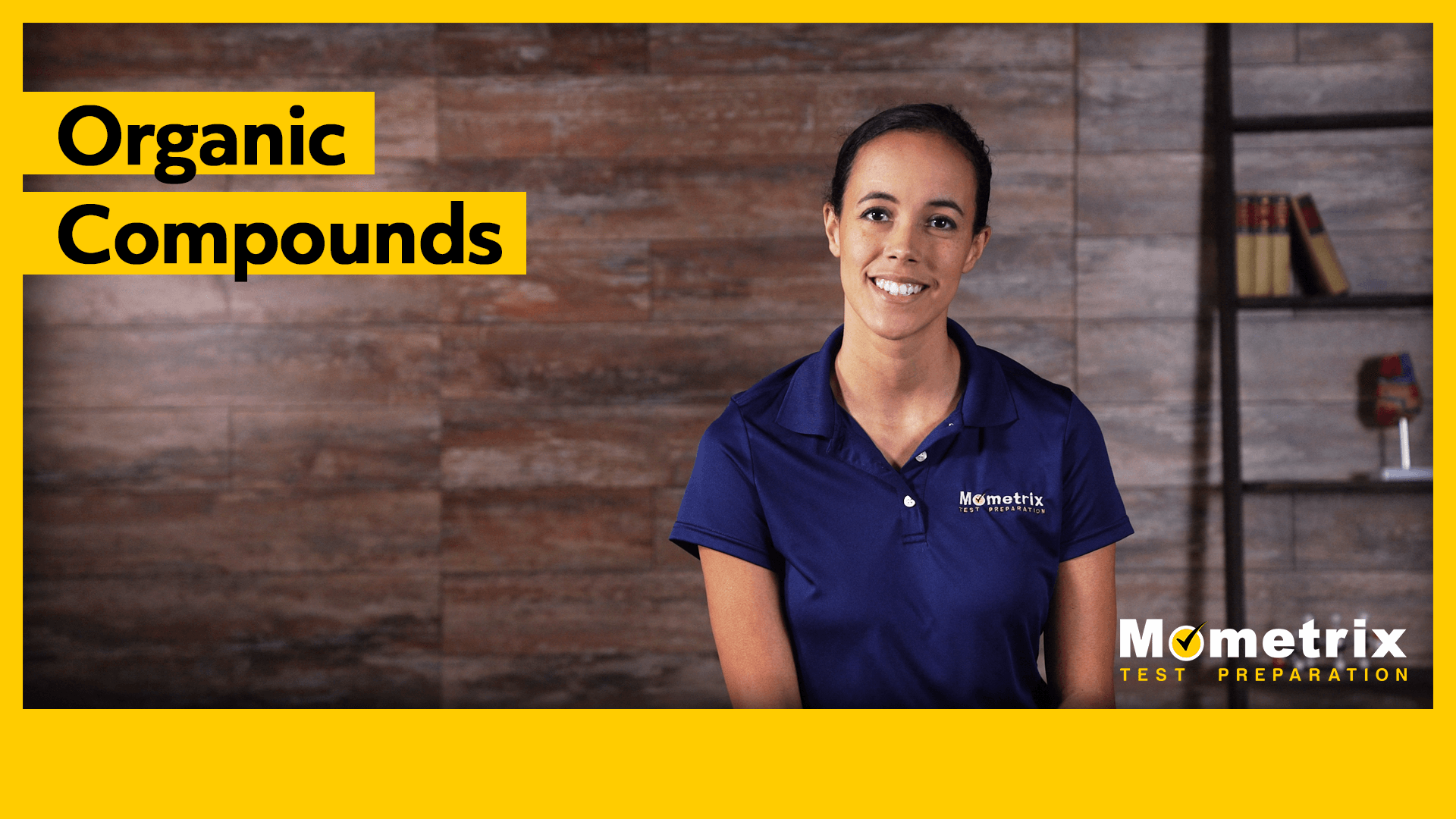 A woman in a blue shirt with a 'Mometrix' logo sits against a wooden background. The text reads "Organic Compounds" and "Mometrix Test Preparation" in yellow font.