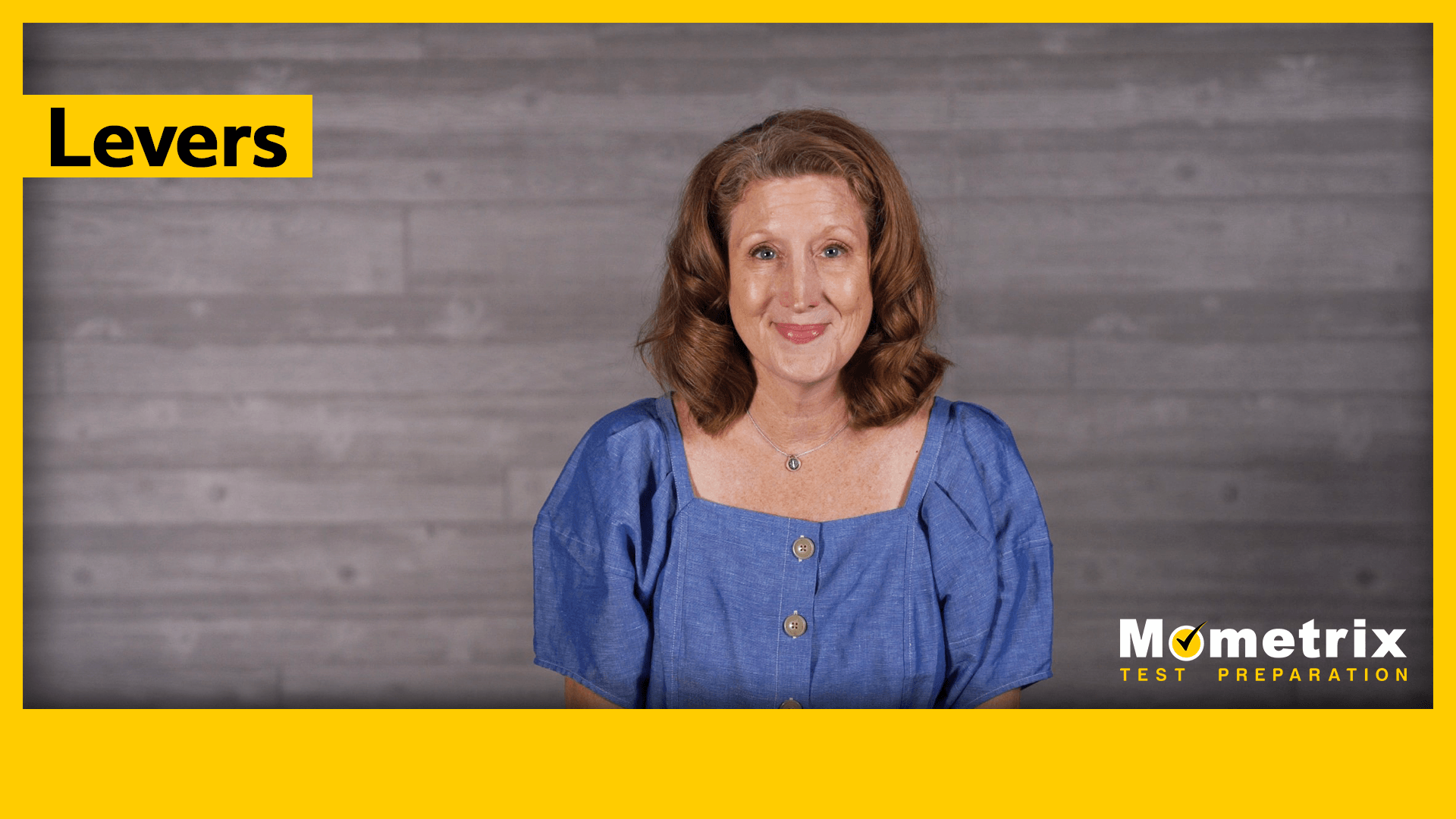 A woman with brown hair wearing a blue button-up shirt stands in front of a grey wooden background. Above her, there is a yellow banner with the word "Levers," and at the bottom, the logo "Mometrix Test Preparation.