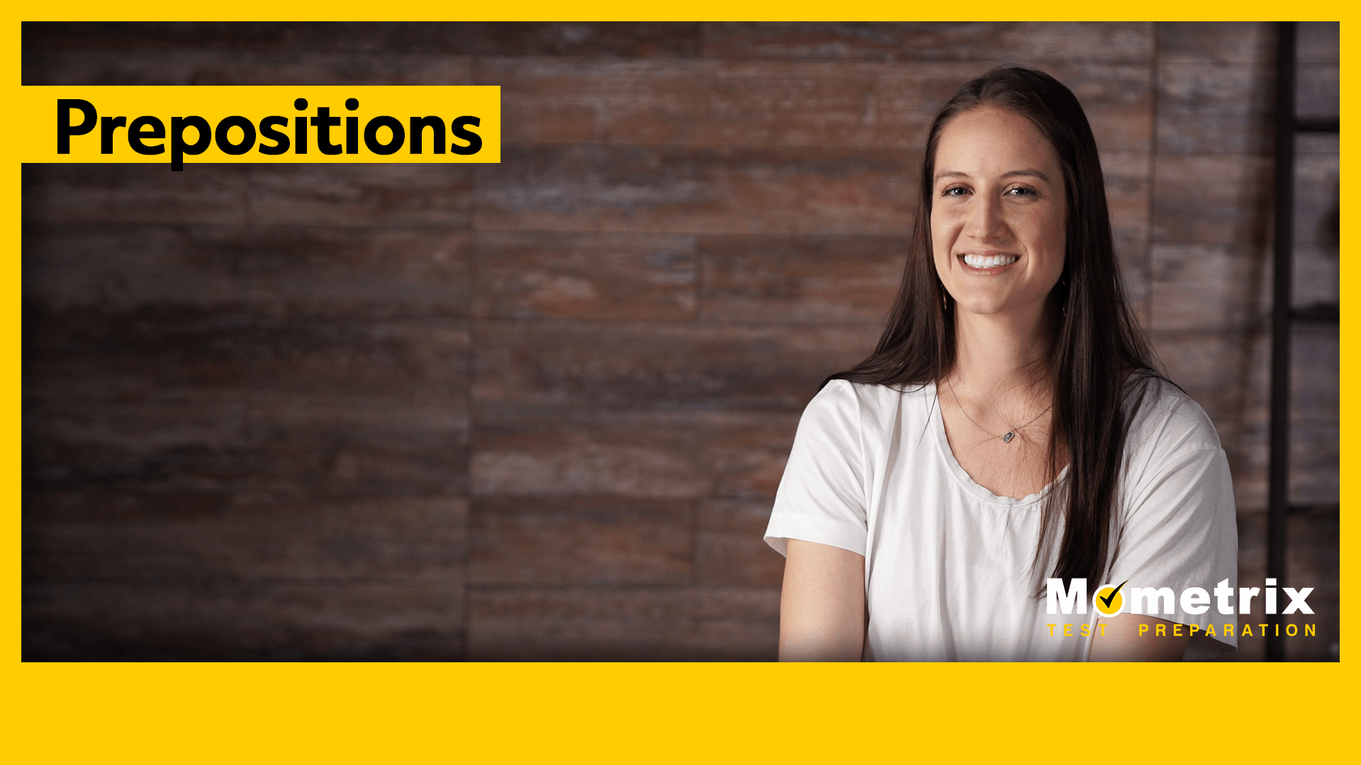 A woman with long brown hair is smiling and sitting against a wooden background. The text reads "Prepositions" and "Mometrix Test Preparation" with yellow accents.