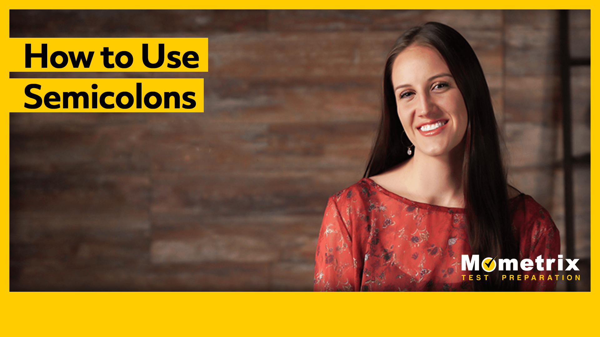 A woman in a red dress is smiling. Text on image: "How to Use Semicolons." Logo text in the bottom right corner: "Mometrix Test Preparation.