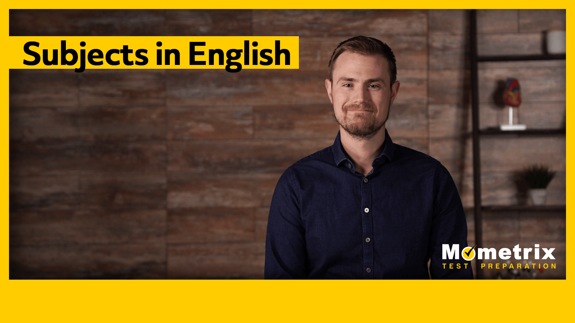 A man in a blue shirt stands in front of a wooden wall with shelves. Text on image: "Subjects in English." Mometrix Test Preparation logo is in the bottom right corner.