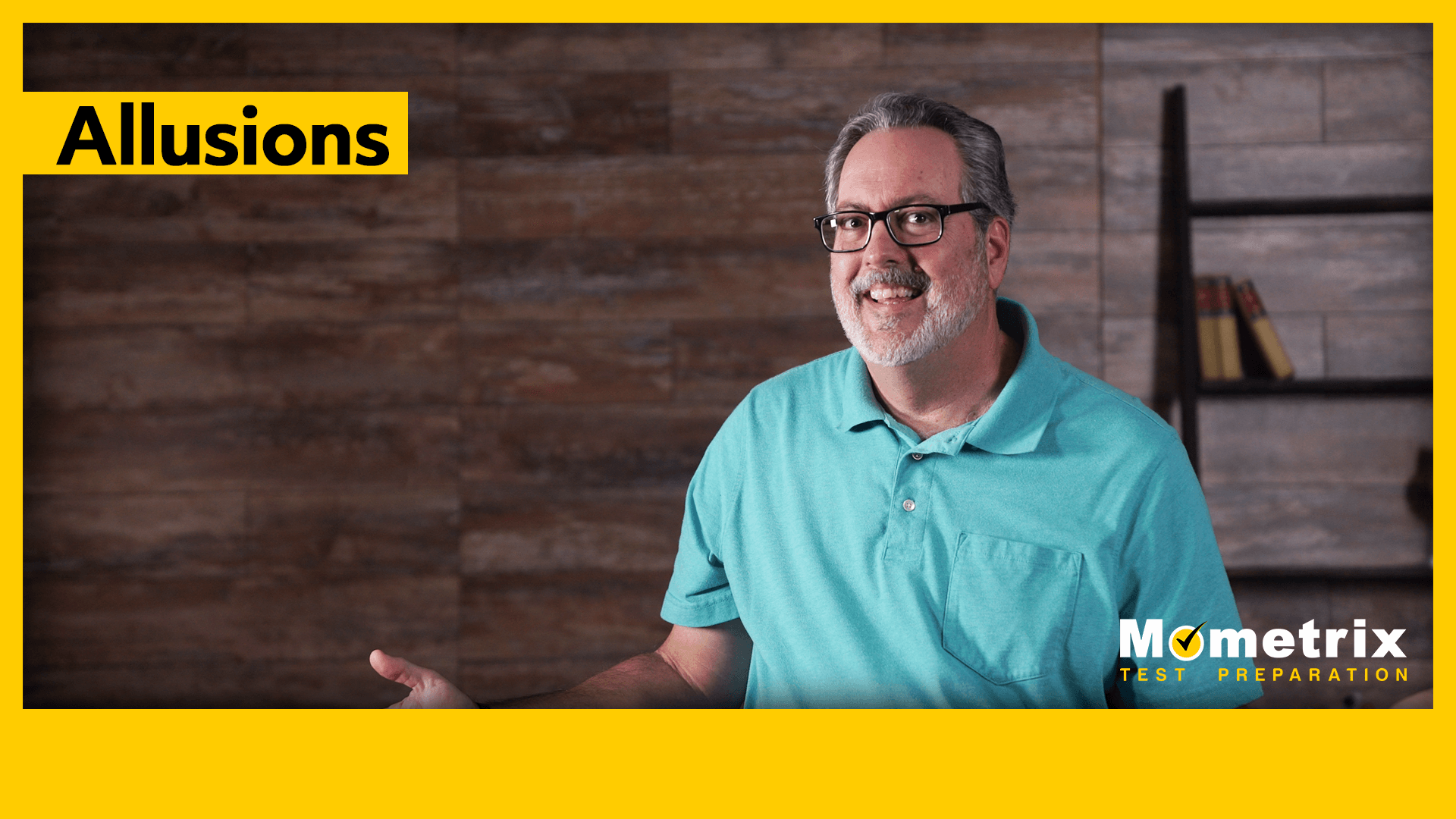 A man in a teal shirt stands and gestures in front of a wooden wall background. The word "Allusions" appears in a yellow box at the top left. The bottom right shows "Mometrix Test Preparation" branding.