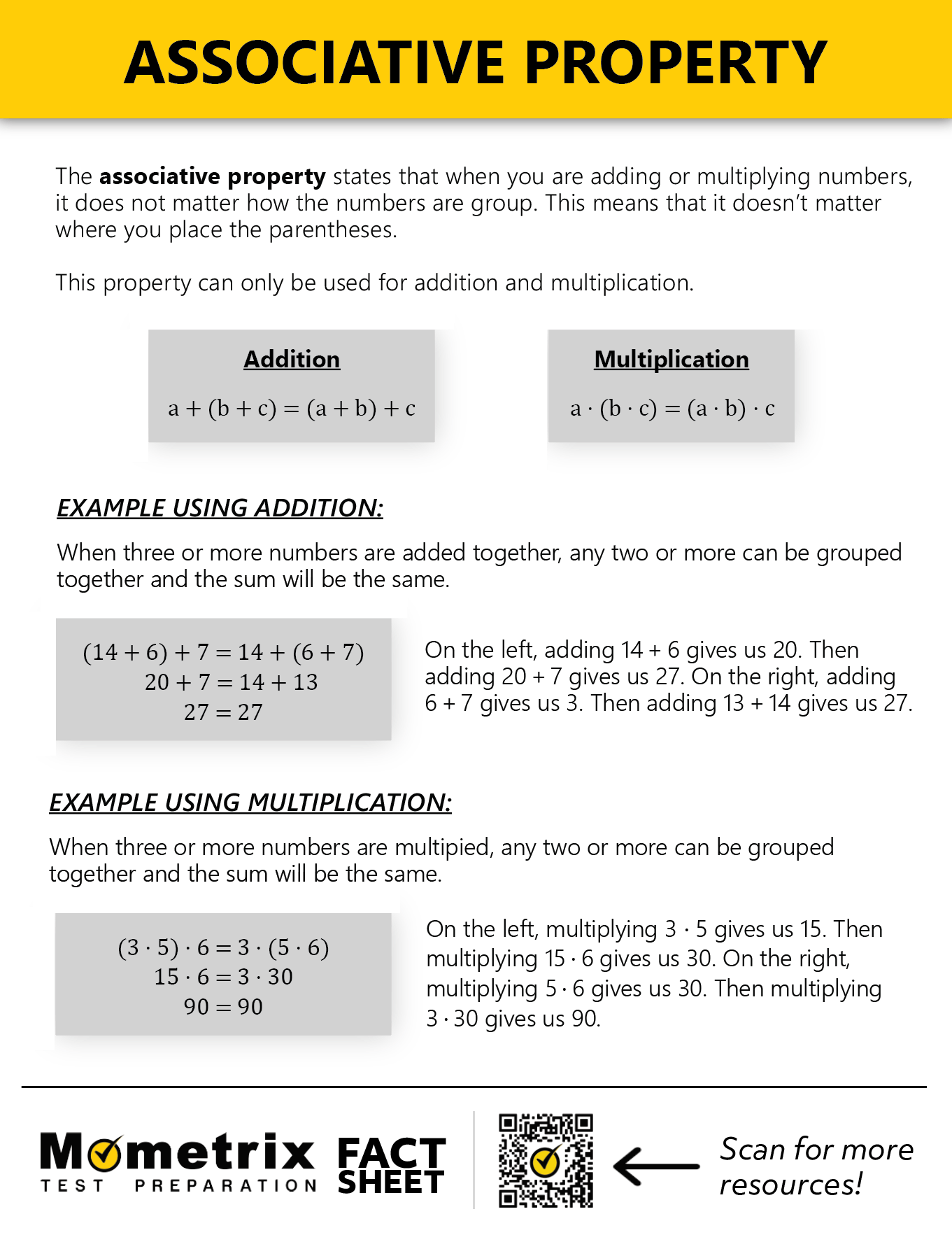 A guide explaining the associative property in math with examples for addition (e.g., (14 + 6) + 7 = 14 + (6 + 7)) and multiplication (e.g., (3 · 5) · 6 = 3 · (5 · 6)). Includes QR code linking to more resources.