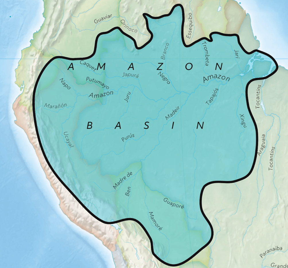A map outlining the Amazon River basin in South America