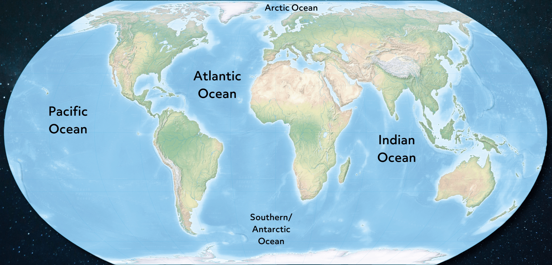 A map of the world with the five oceans labeled