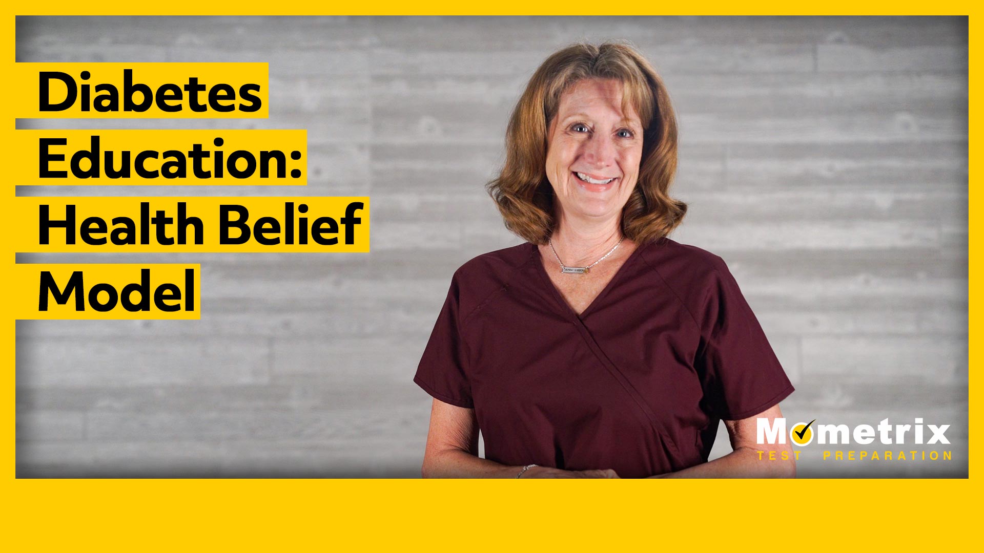 A woman in maroon scrubs smiles in front of a gray background. Text reads "Diabetes Education: Health Belief Model." A logo in the corner says "Mometrix Test Preparation.