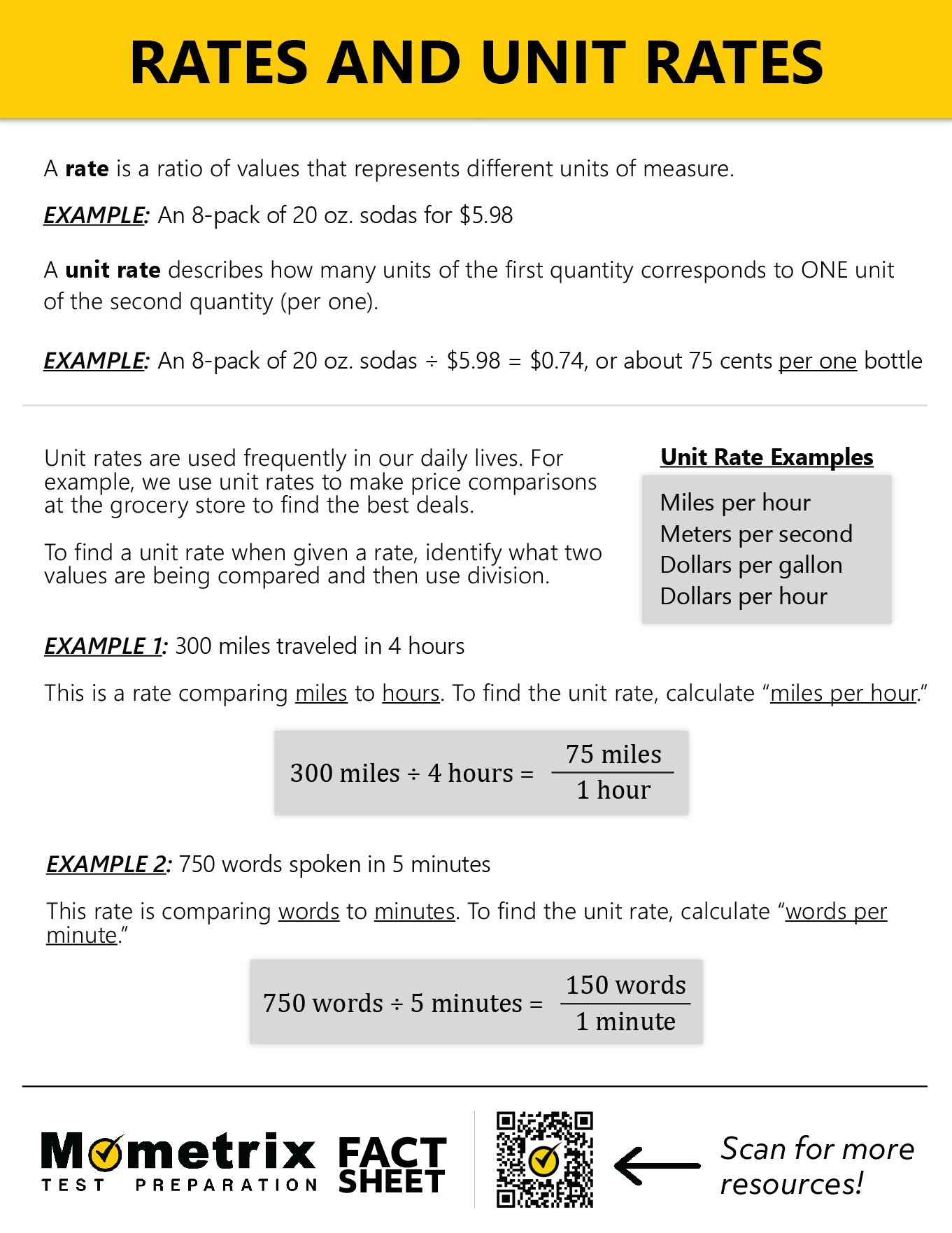 An educational infographic explaining rates and unit rates, with examples such as calculating miles per hour and comparing costs of sodas. Includes a QR code for further information from Mometrix Test Preparation.