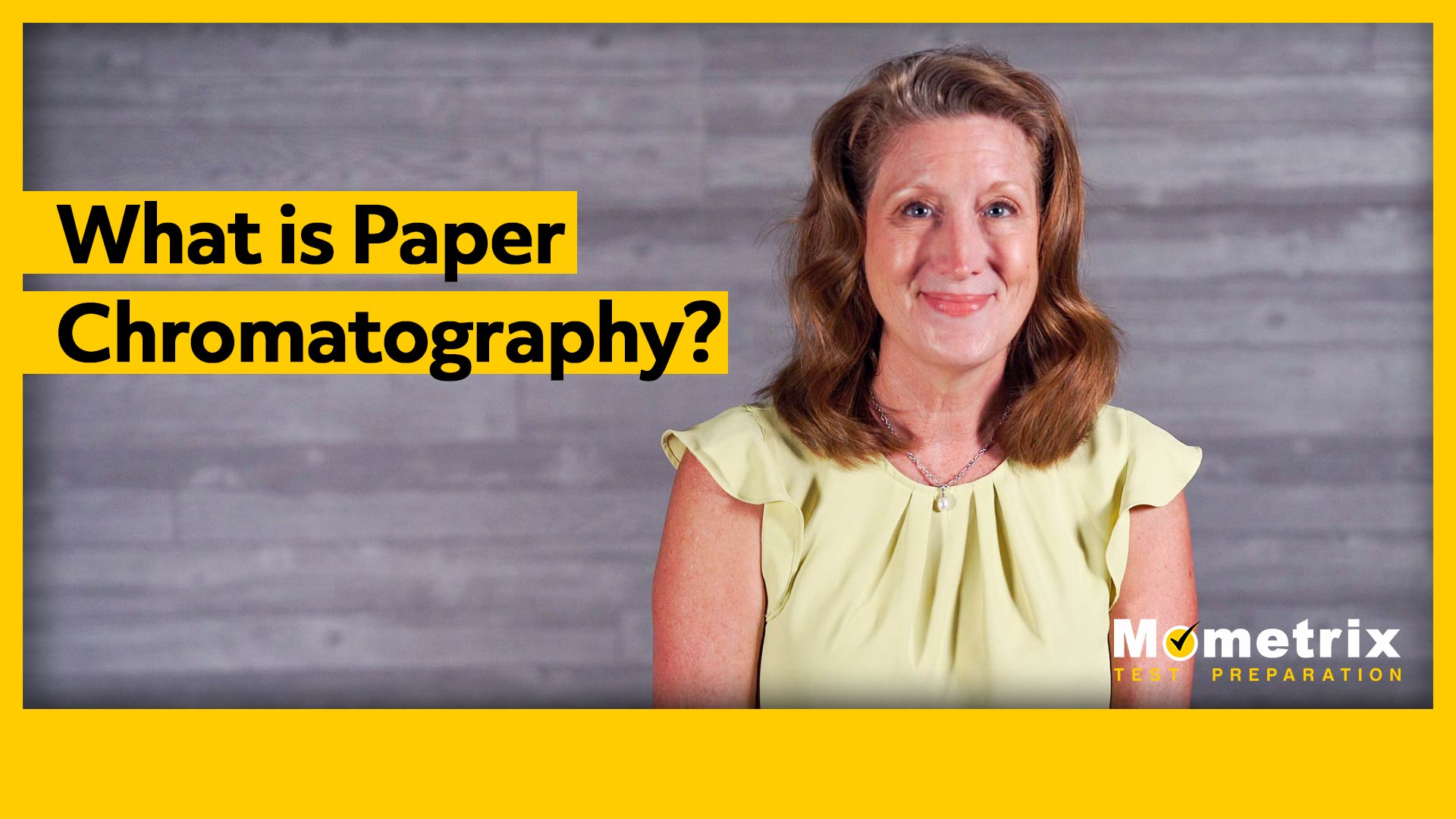 A woman in a light yellow blouse smiles, standing against a gray background with the text "What is Paper Chromatography?" and "Mometrix Test Preparation" displayed.