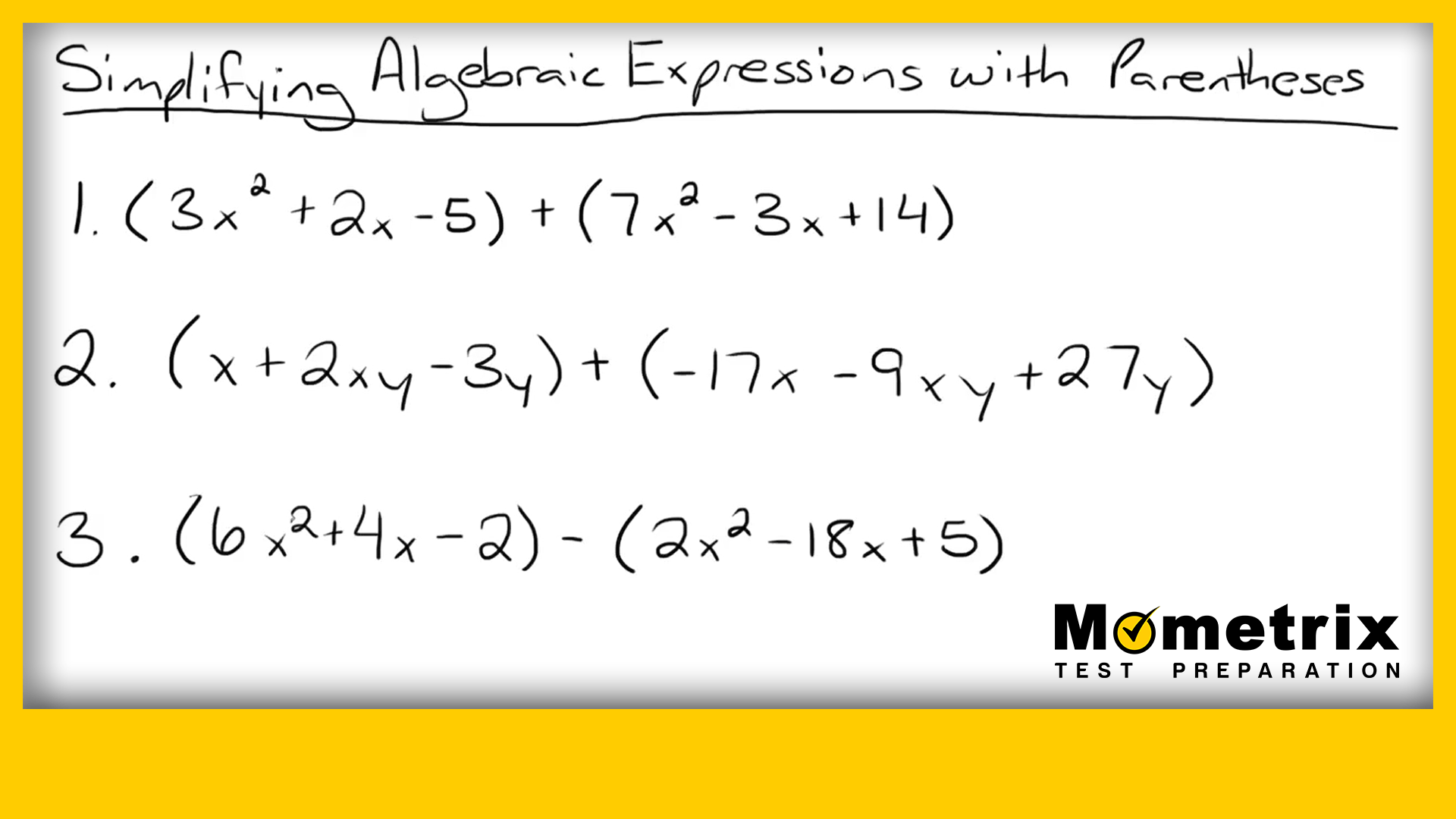 A handwritten list titled "Simplifying Algebraic Expressions with Parentheses" shows three complex algebraic expressions. The title is on a whiteboard with a yellow border and a Mometrix logo.