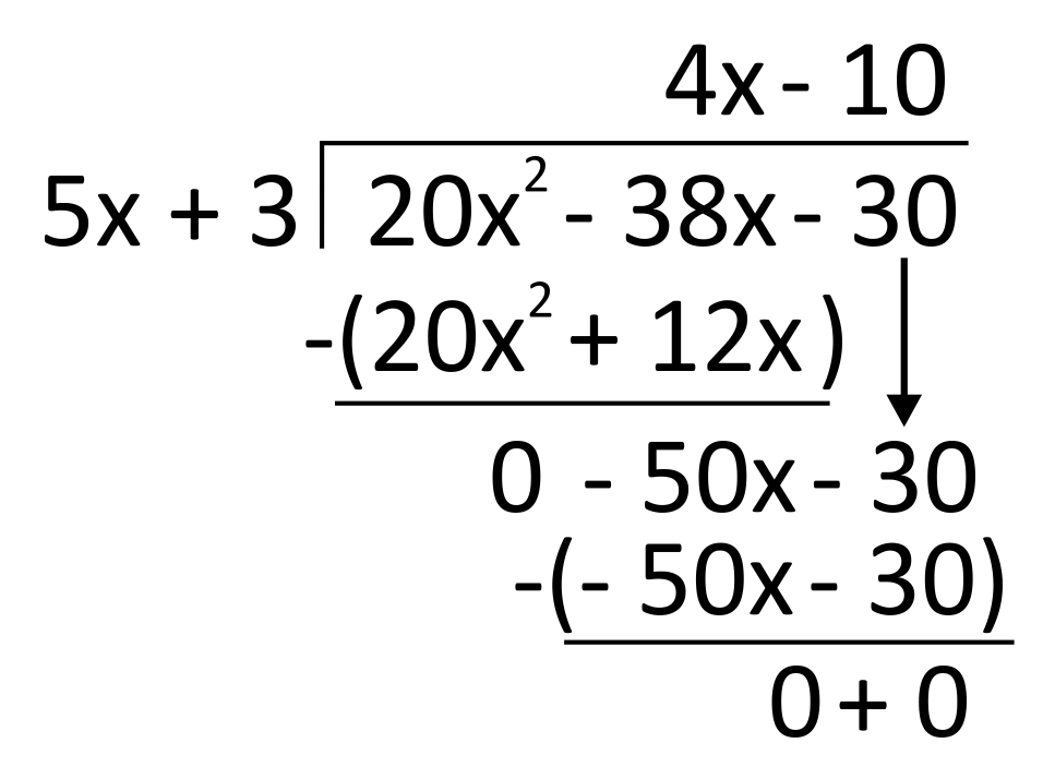 long division worked out by (20x^2-38x-30) by (5x+3)