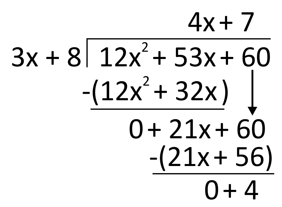 long division worked out by (12x^2+53x+60) by (3x+8)