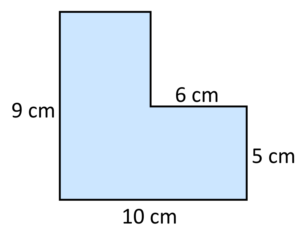 6 sided polygon with side lengths 9cm, 10cm, 5cm, and 6cm labeled