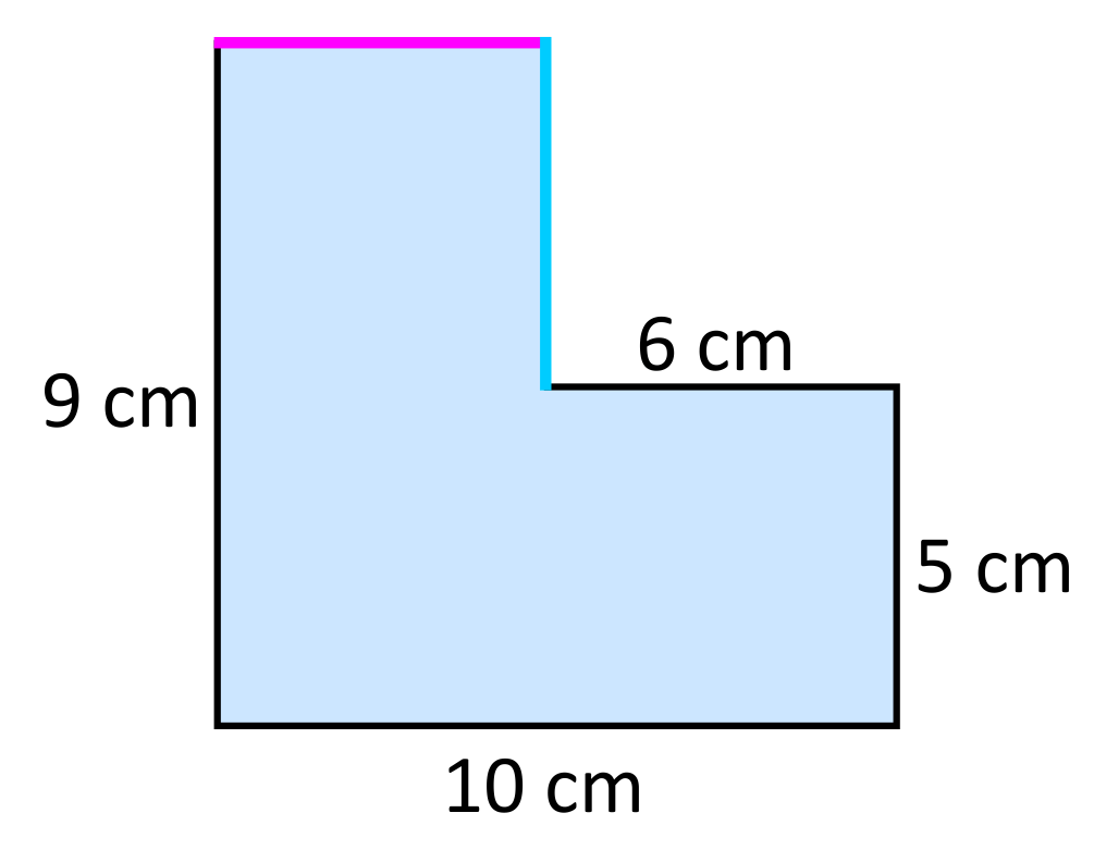 6 sided polygon with two unknown side lengths colored pink and blue