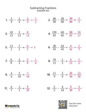 Subtracting Fractions (Answer Key) Worksheet Preview