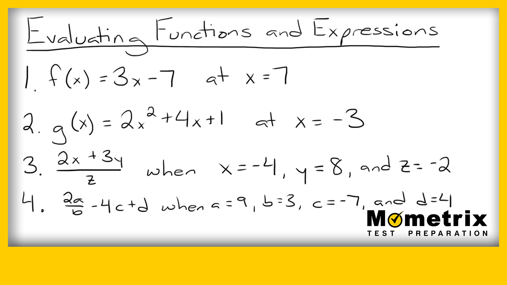 A whiteboard with text: "Evaluating Functions and Expressions." It lists four math problems involving functions and expressions. The Mometrix Test Preparation logo is at the bottom right corner.