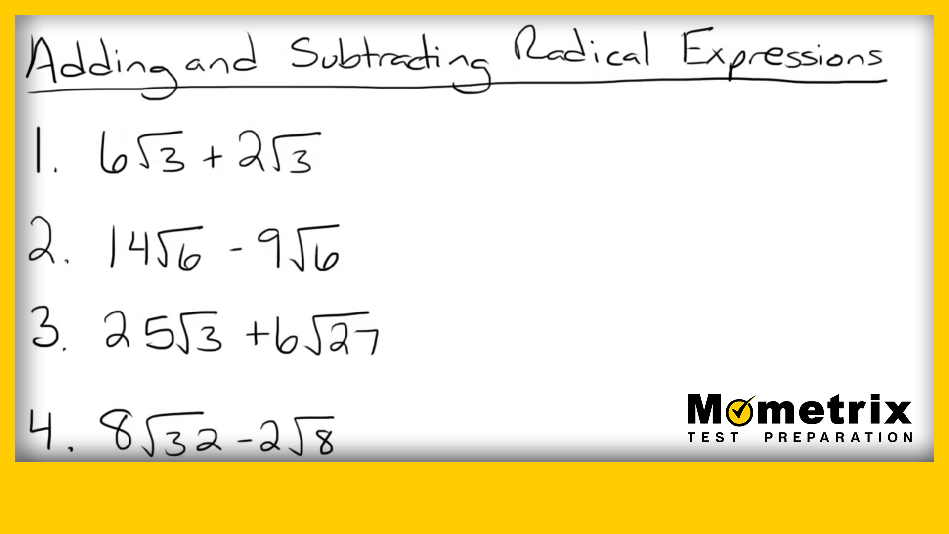 Handwritten math problems listed under the title "Adding and Subtracting Radical Expressions" on a whiteboard. The problems involve square roots, with Mometrix Test Preparation branding visible.