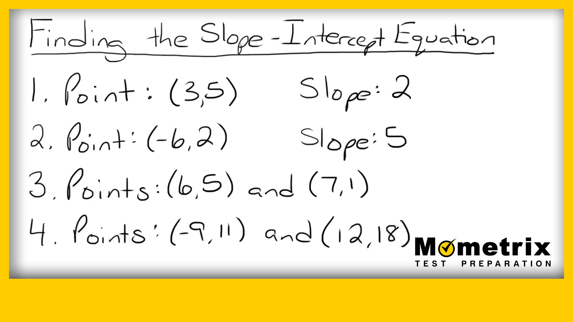 Handwritten notes on "Finding the Slope-Intercept Equation" featuring four exercises with points and corresponding slopes. Includes the heading "Mometrix Test Preparation" at the bottom right.