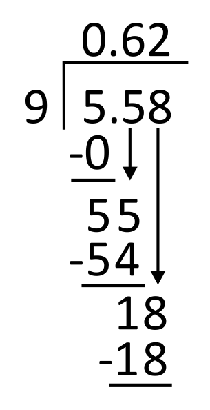 long division worked out for 5.58 divided by 9