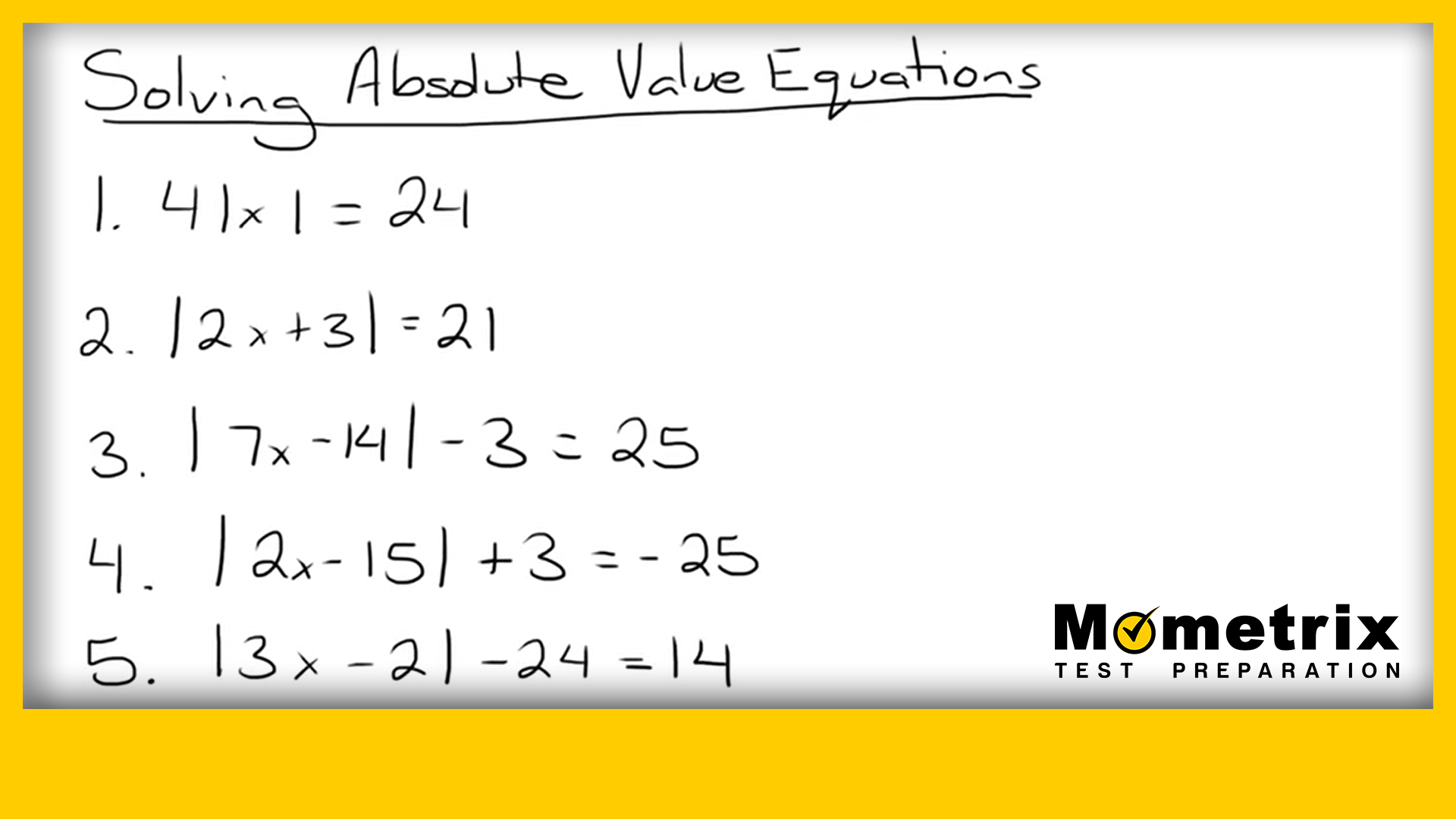 A whiteboard lists "Solving Absolute Value Equations" with five example equations numbered 1 to 5, ending with the logo "Mometrix Test Preparation" at the bottom right.