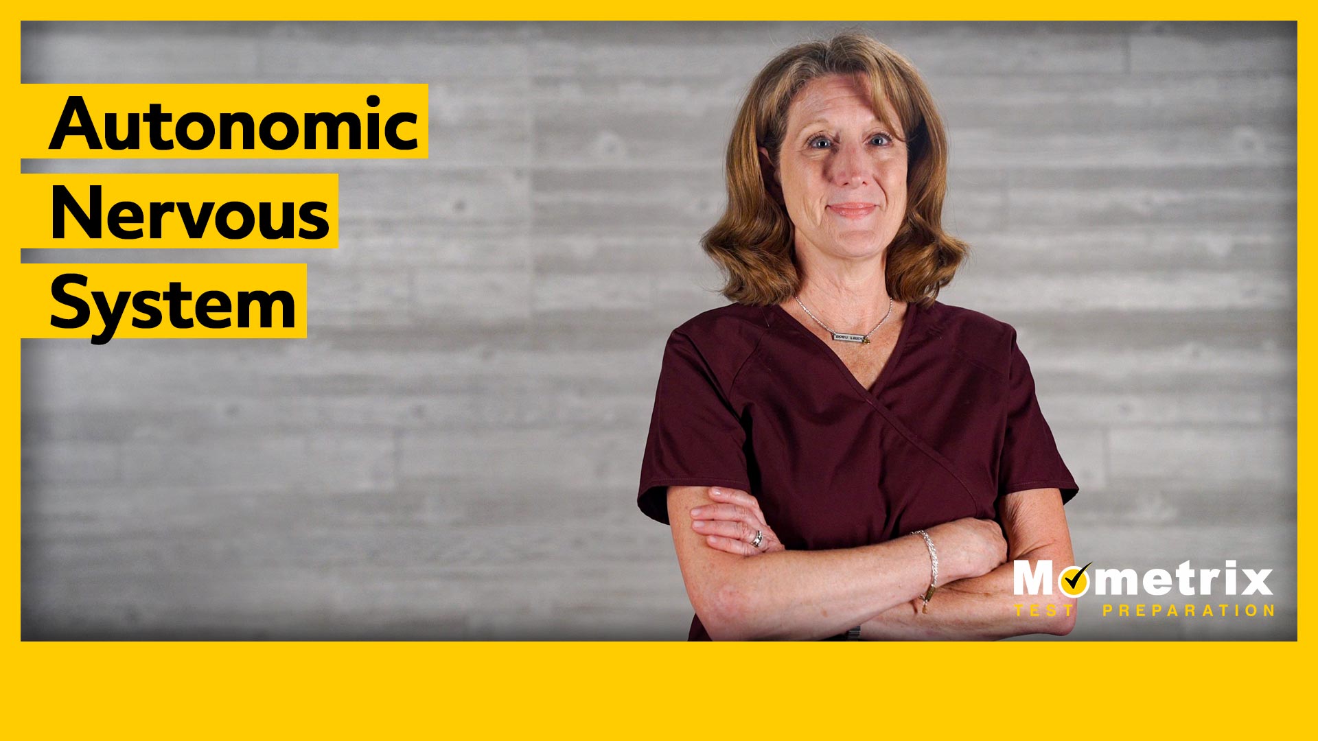 A woman in scrubs stands with folded arms against a gray background. Text reads "Autonomic Nervous System" and "Mometrix Test Preparation.