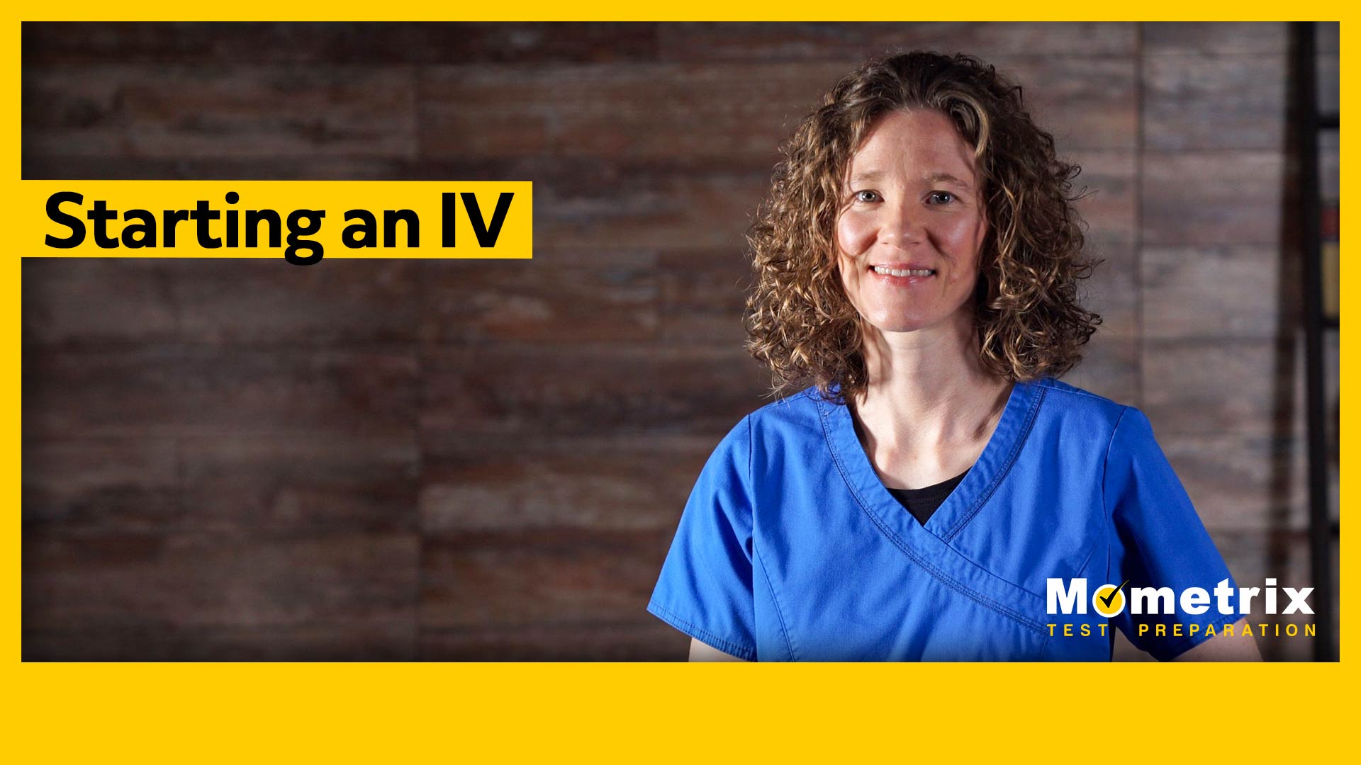 A healthcare professional in blue scrubs stands next to the text "Starting an IV" with the Mometrix Test Preparation logo in the lower right corner.